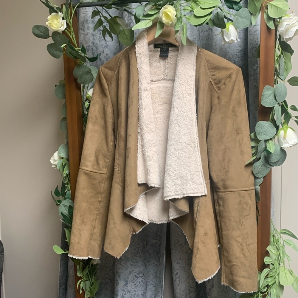 Love Stitch Faux SuedeFur Lined Drape Collar Asymmetrical Jacket Size Small